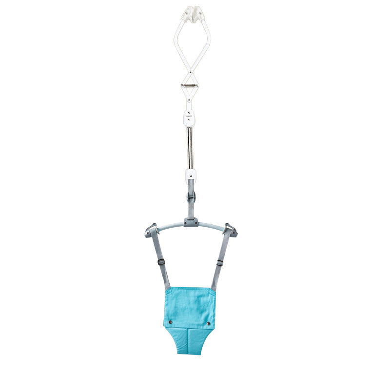 Turquoise baby bouncer with harness on a white background