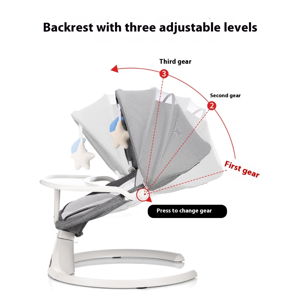 Baby swing with adjustable backrest showing three gear positions on a white background