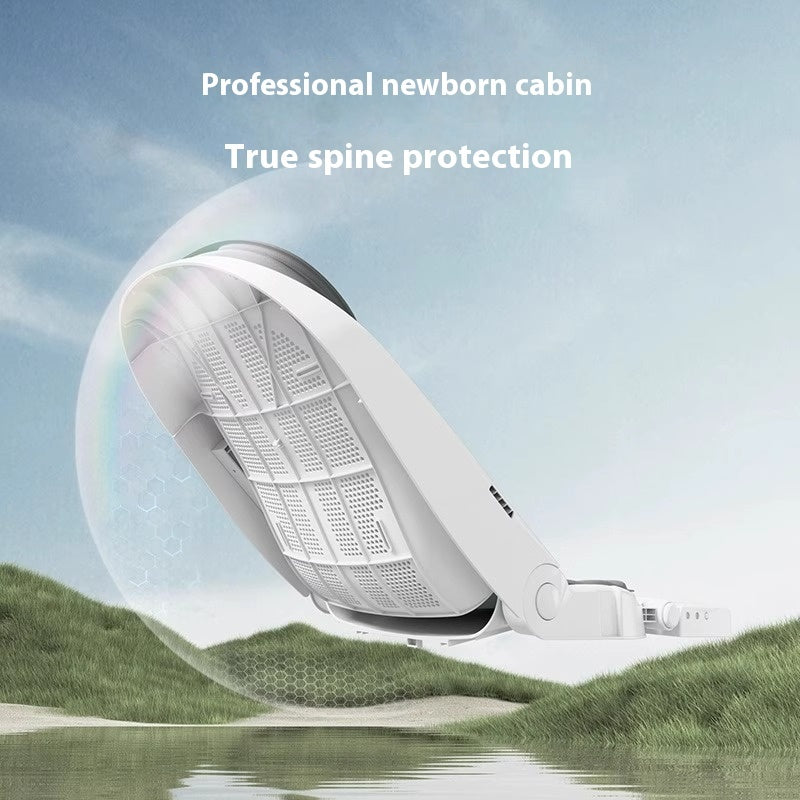 White baby car seat with 'Professional newborn cabin' and 'True spine protection' text against a scenic background.