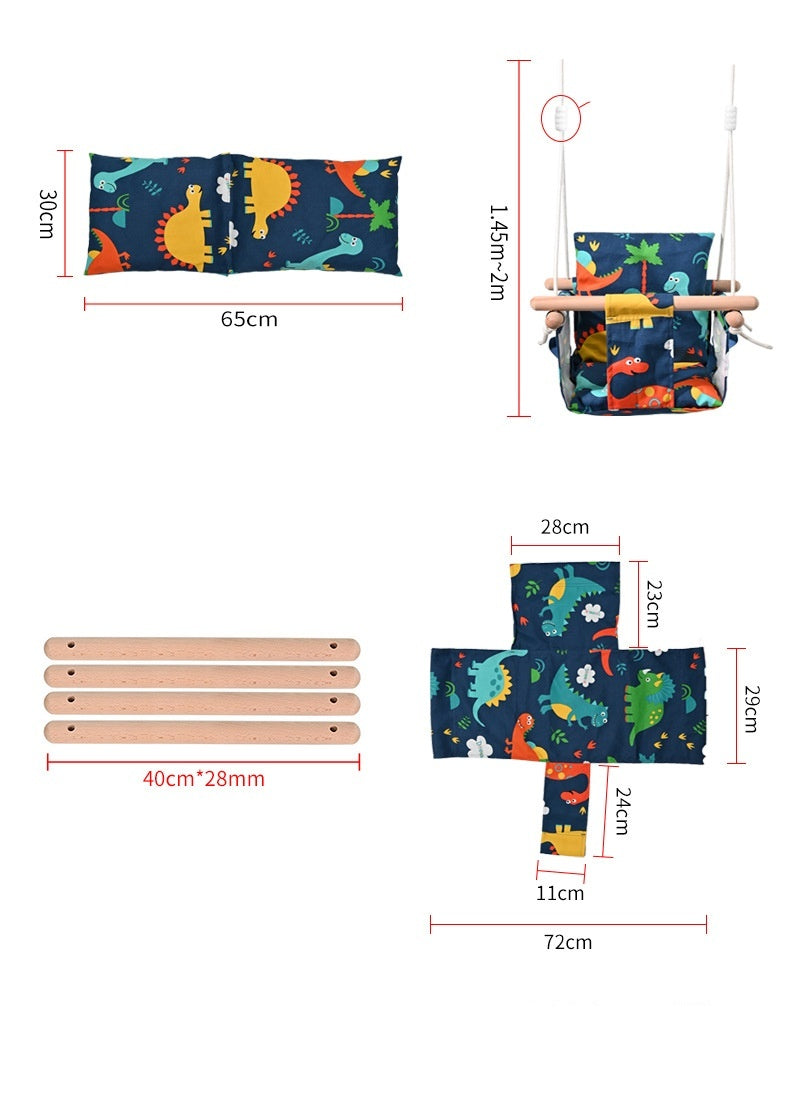 Children's swing with dinosaur pattern and dimensions displayed