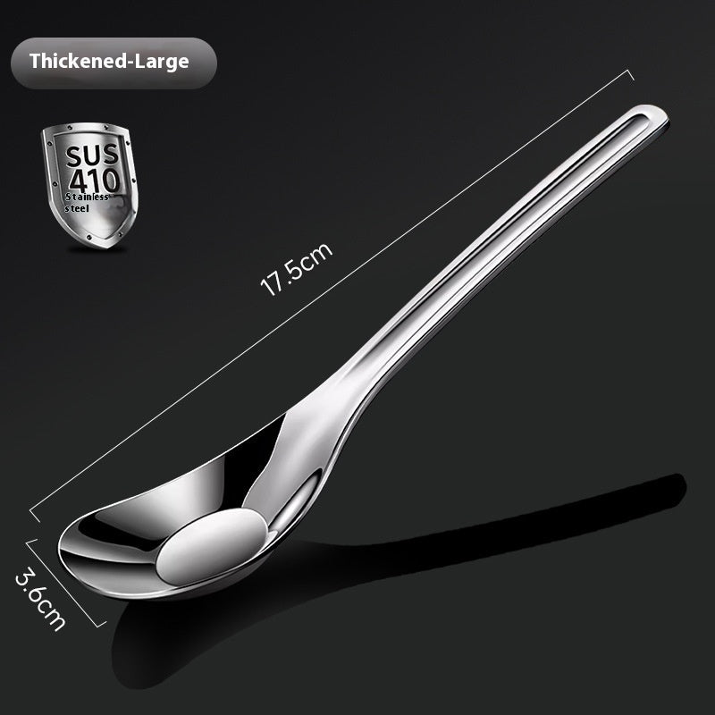 Stainless steel spoon with dimensions and SUS 410 steel certification on a black background