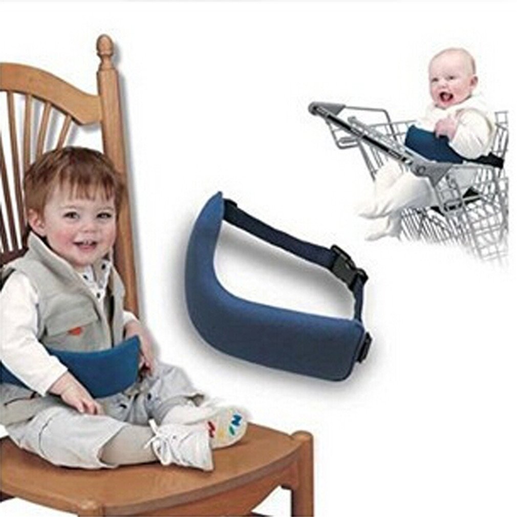 Baby safety seat belt with a child sitting on a chair and a baby in a shopping cart inset.