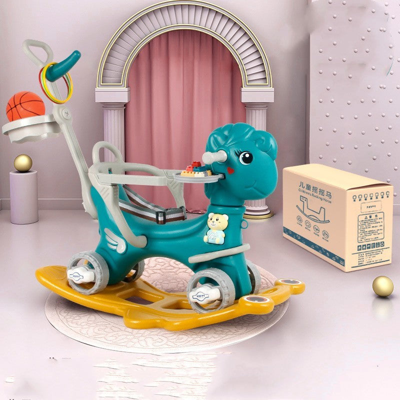 Children's toy horse with various attachments on a white surface.