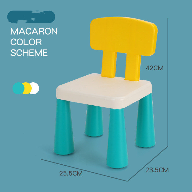 Yellow and turquoise chair with dimensions on a blue background