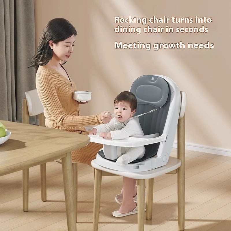 Woman feeding a child in a multi-functional chair that can turn into a dining chair.
