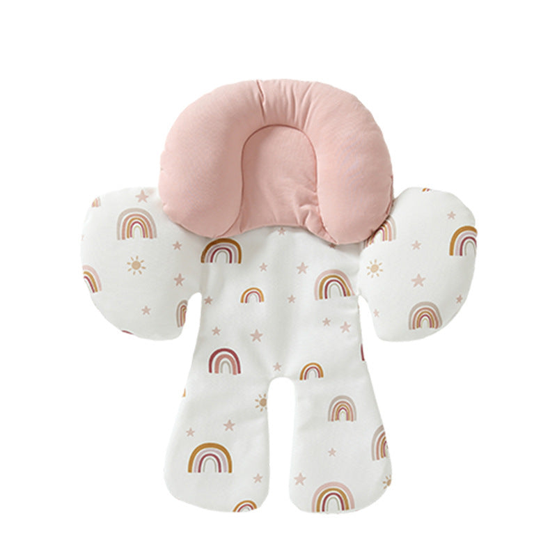Baby head support pillow with pink top and rainbow pattern on white background