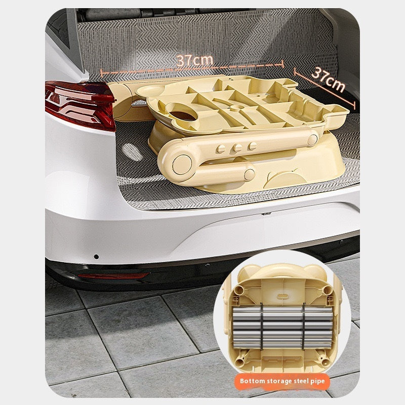 Car trunk organizer with measurements and storage pipe detail on a car floor.