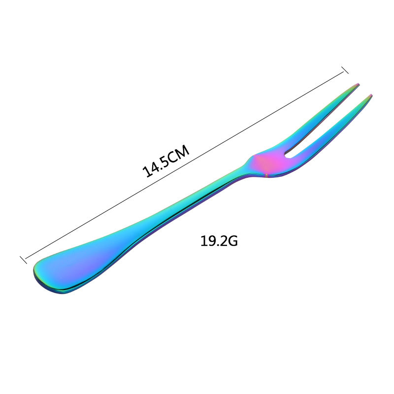 Multicolored fork with measurements on a white background