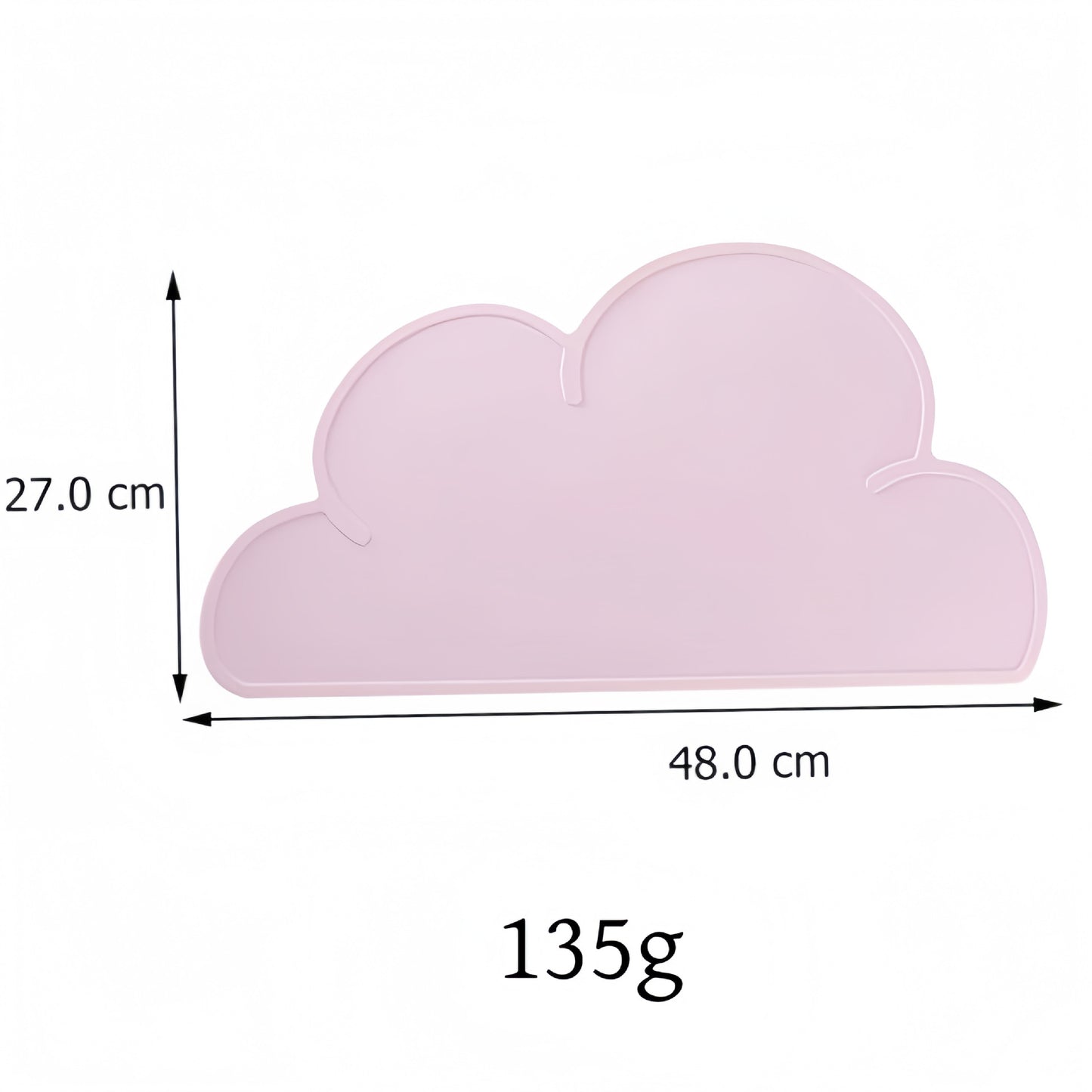 Measurement chart of a pink cloud-shaped object with dimensions and weight.