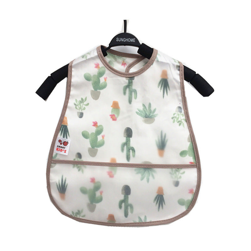 Baby bib with cactus pattern on a hanger against a white background