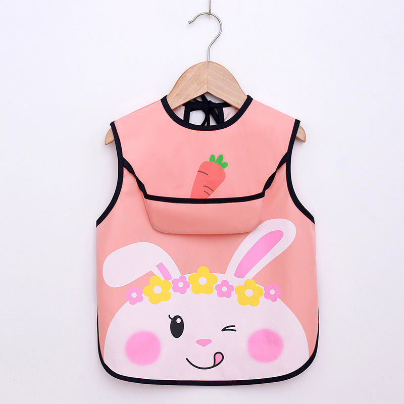 Pink children's bib with a cartoon bunny design on a white background