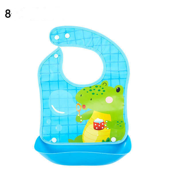 Blue bib with a green dinosaur design on a white background