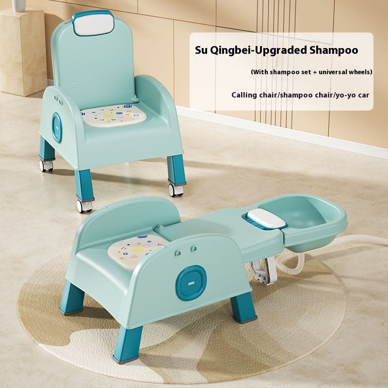 Children's shampoo chair with universal wheels on a beige floor.