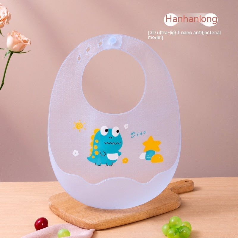 Children's bib with cartoon dinosaur design on a wooden stand, brand 'Hanhanlong' visible