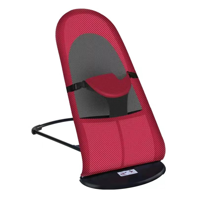 Red baby bouncer with gray seat on a white background