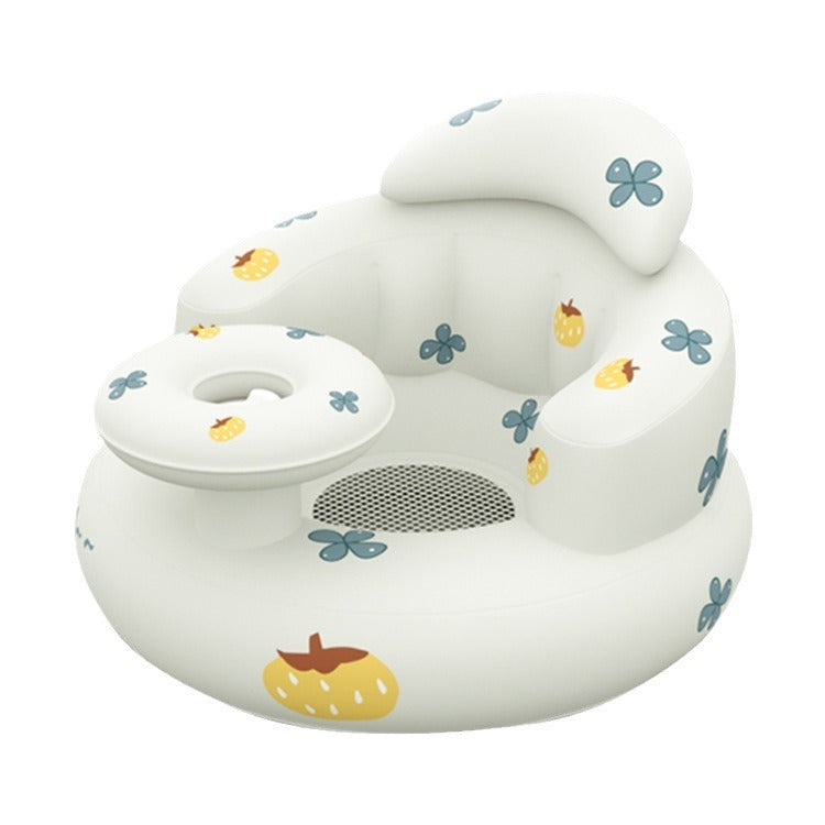 White baby seat with colorful patterns on a white background