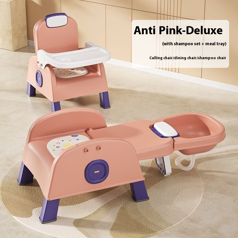 Pink children's chair with purple legs on a beige floor.