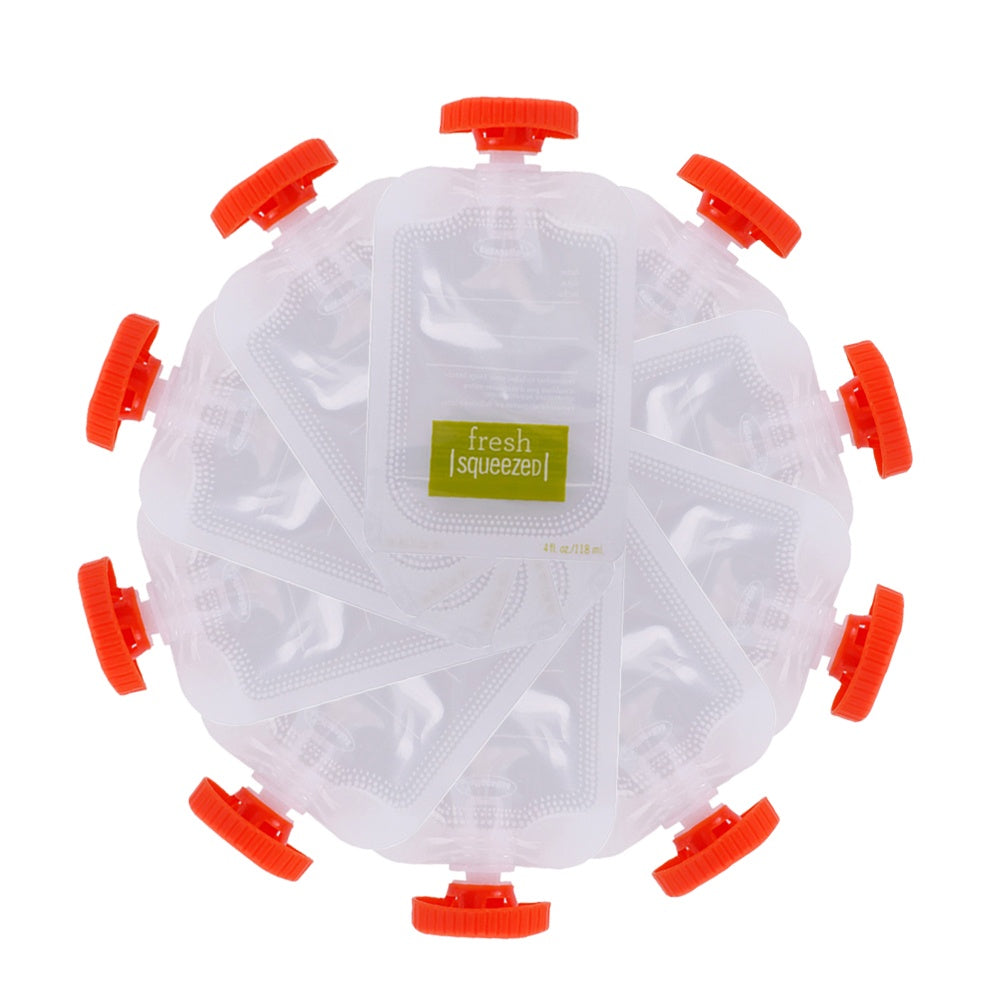 Clear plastic container with red lids on a white background, featuring 'fresh squeeze' branding.