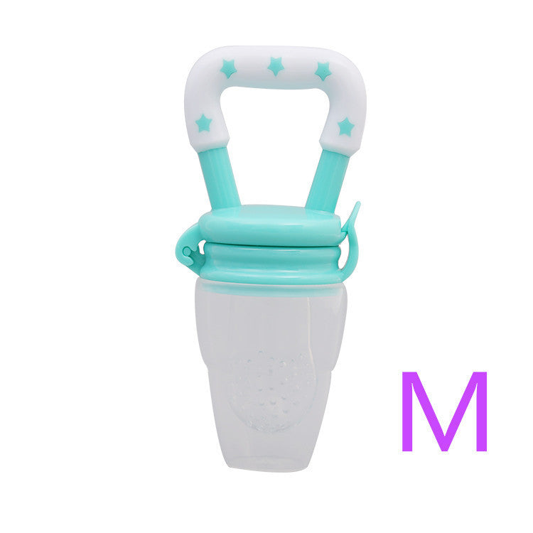 Teal and white baby teether with 'M' on a white background