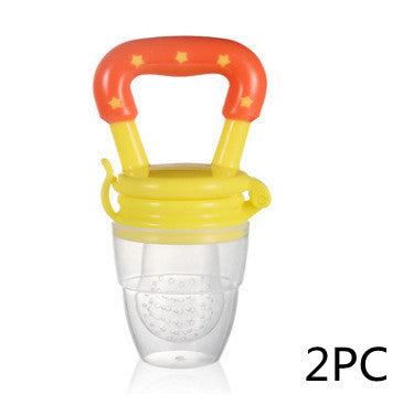 Yellow and red baby fruit feeder with a clear container on a white background