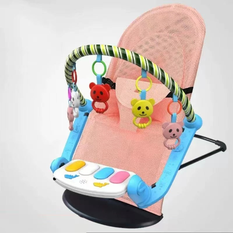 Baby bouncer with colorful toys and music panel on a light gray background
