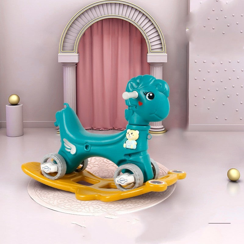 Toy dinosaur with a yellow base on a decorative platform