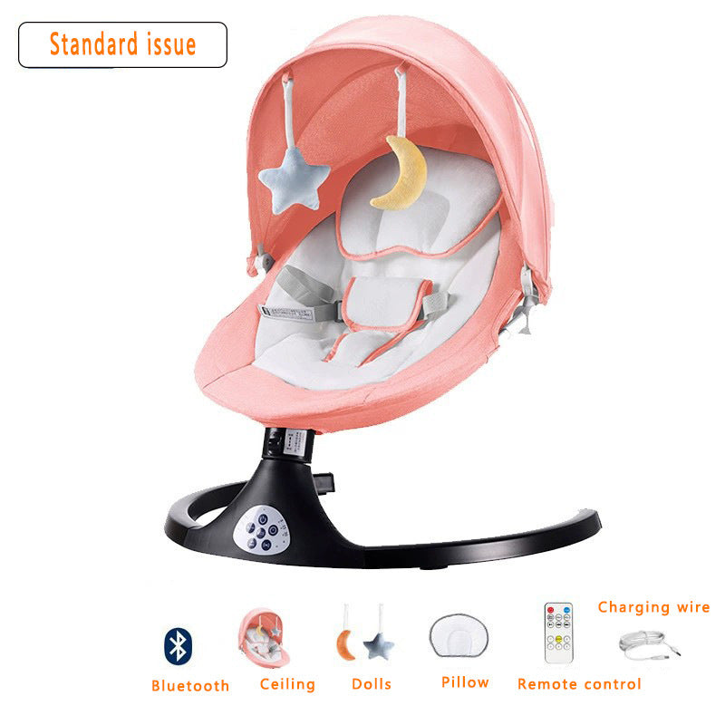 Pink baby swing with features listed on a white background