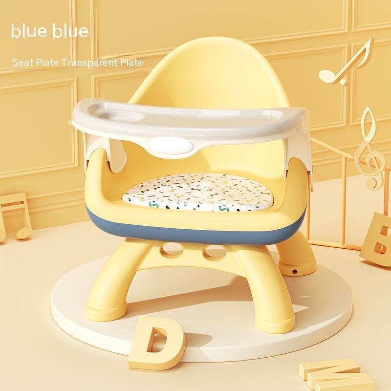 Yellow children's chair with blue accents on a light yellow background