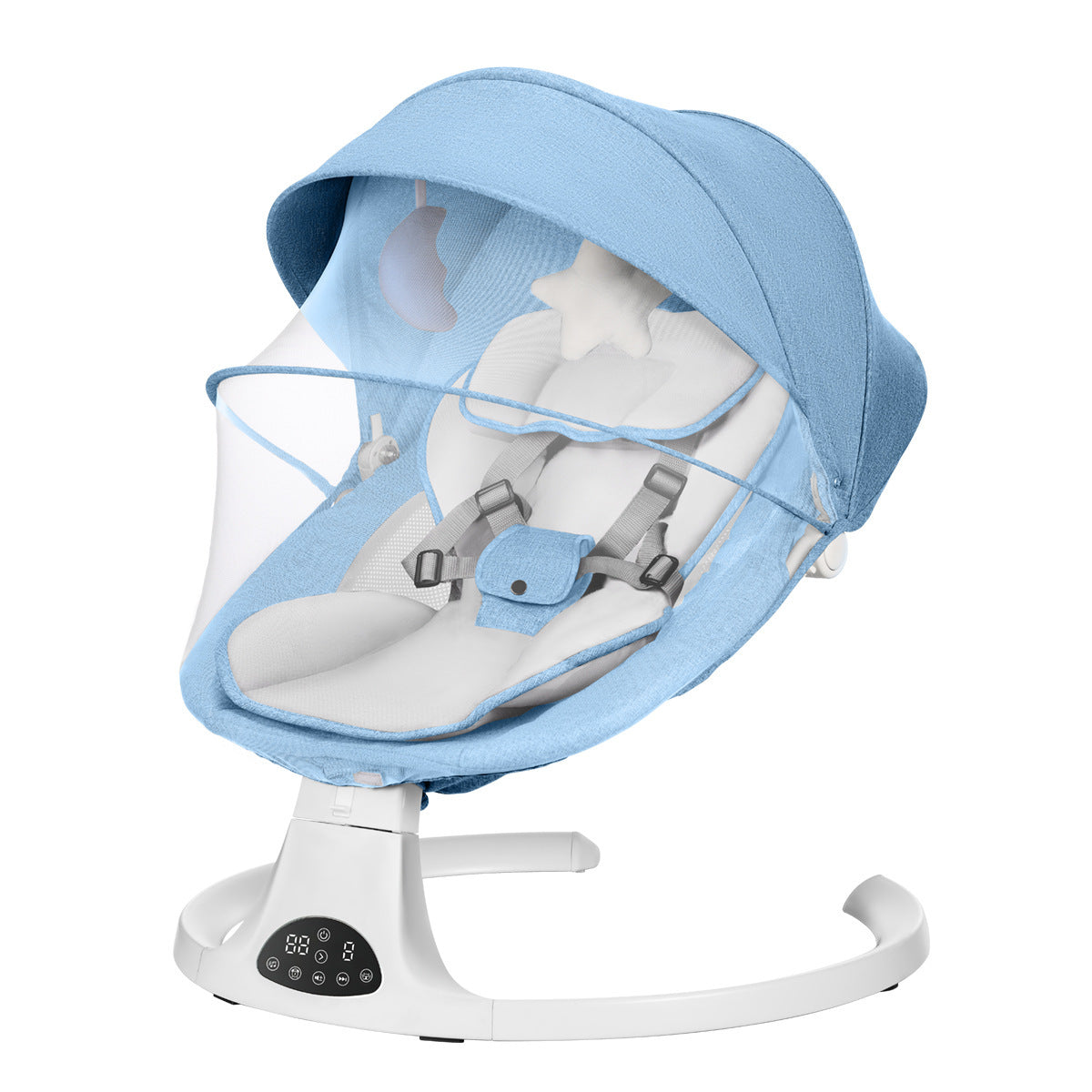 Baby swing with blue canopy and white seat on a white background