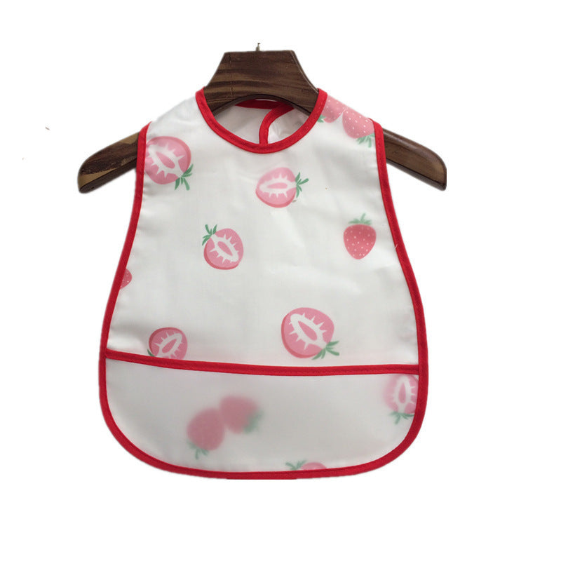 Baby bib with strawberry pattern on a wooden hanger against a white background
