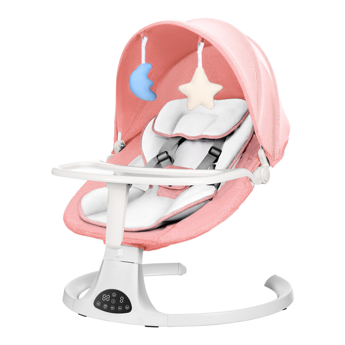 Pink baby swing with star and cloud toys on a white background