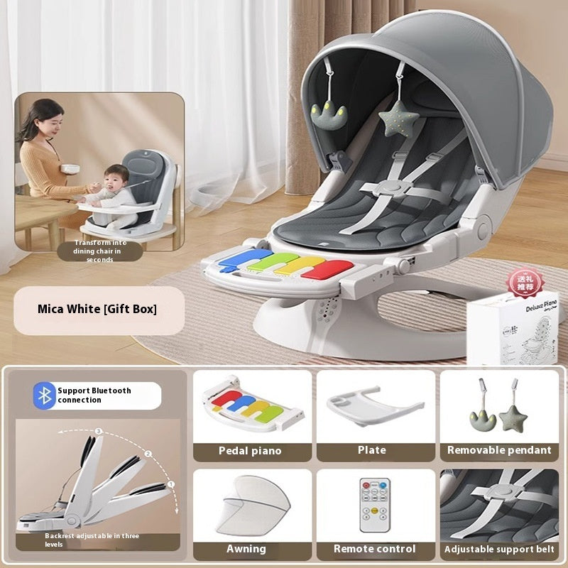 Baby seat with various features and accessories on a wooden floor.