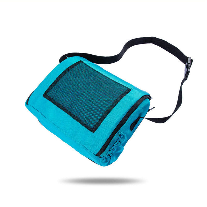 Turquoise bag with a black mesh pocket on a white background