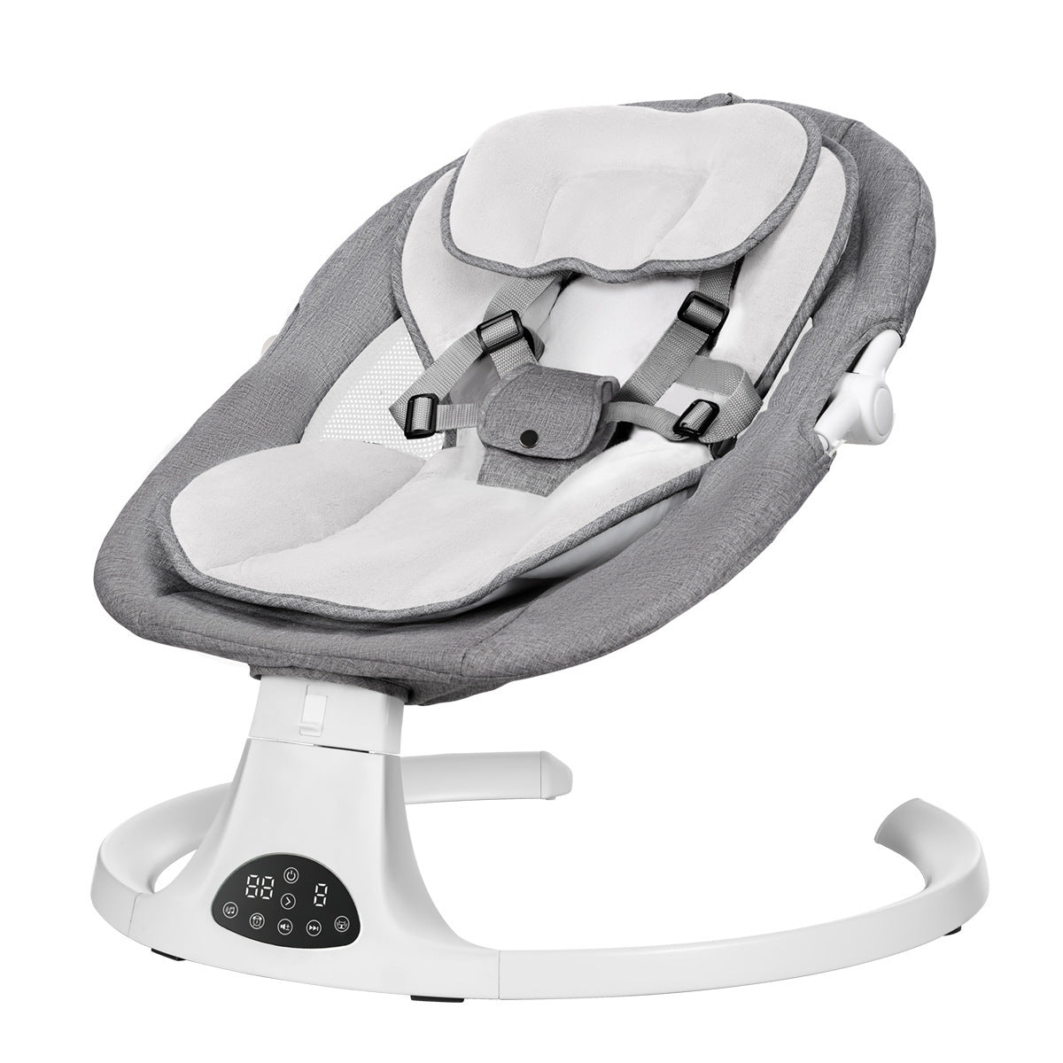 Baby swing with gray and white design on a white background