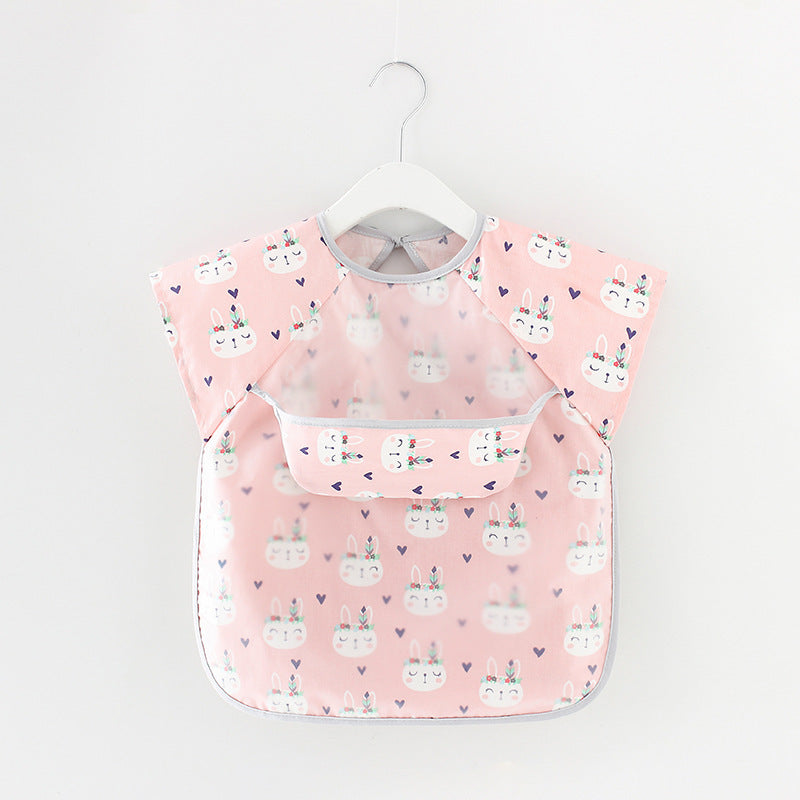 Pink baby bib with cartoon designs on a white background