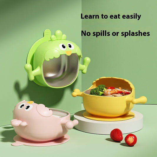 Children's tableware set with green dinosaur-shaped bowl, pink pig-shaped plate, and yellow bowl with food on a green background.