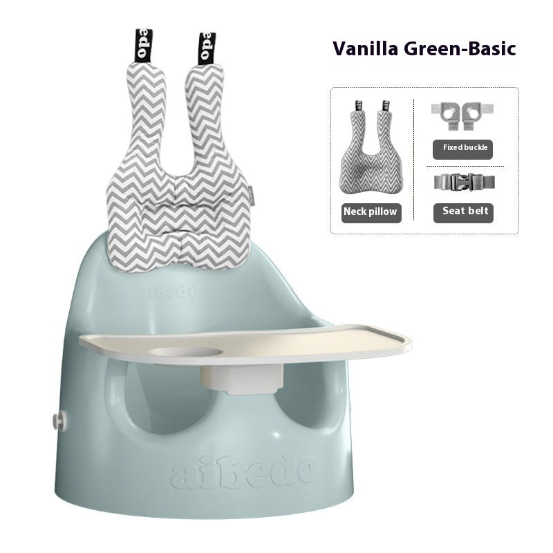 Baby high chair with neck pillow and accessories on a white background