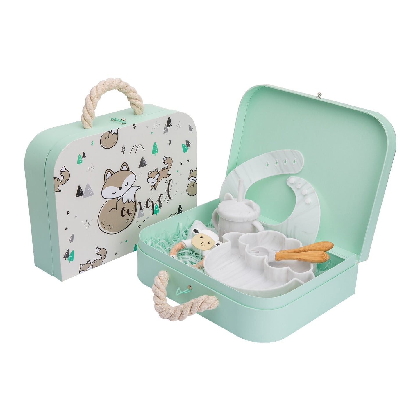 Children's tea set in a mint green suitcase with a patterned tag on a white background