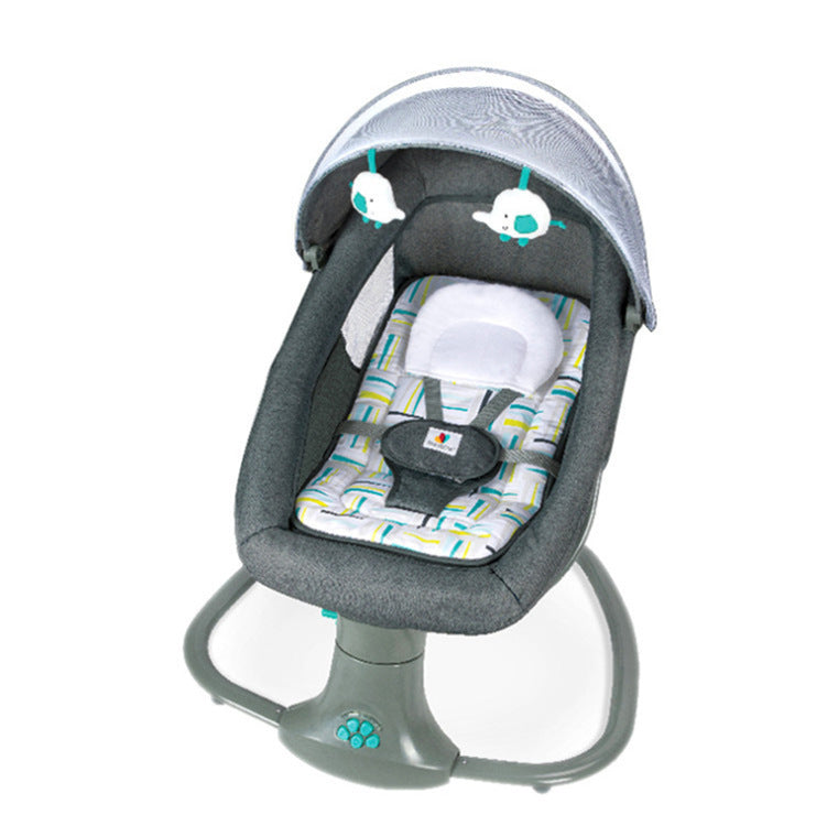 Baby swing with gray and white patterned seat on a white background