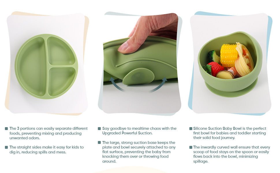 Adlytee siliconen babyvoedingsset met zuignap – 10-delige baby-led weaning benodigdheden: kom, verdeelde plaat, verstelbare zachte slab, lepel, vork, snackbeker en bestek, groen | essentiële maaltijdset voor peuters