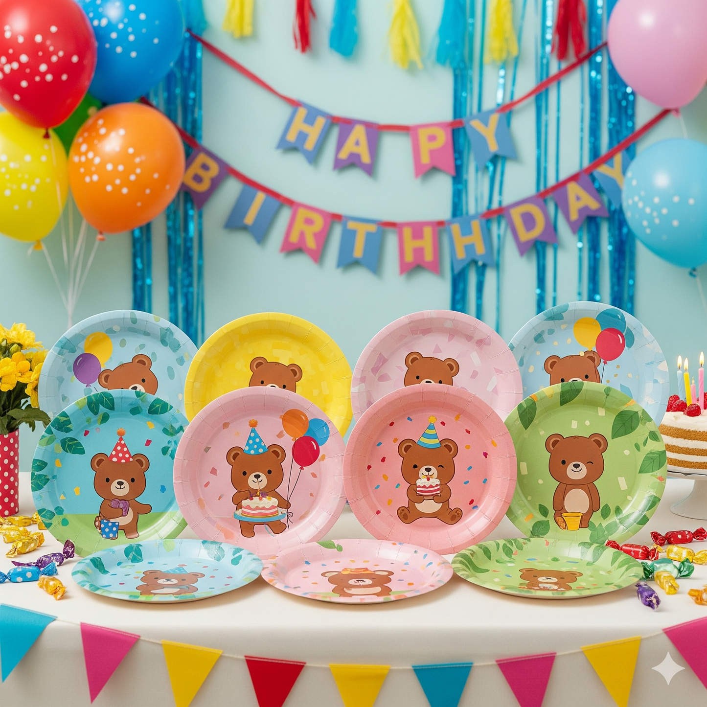 Cartoon Bear Disposable Paper Tableware Set - Kids Party Plates