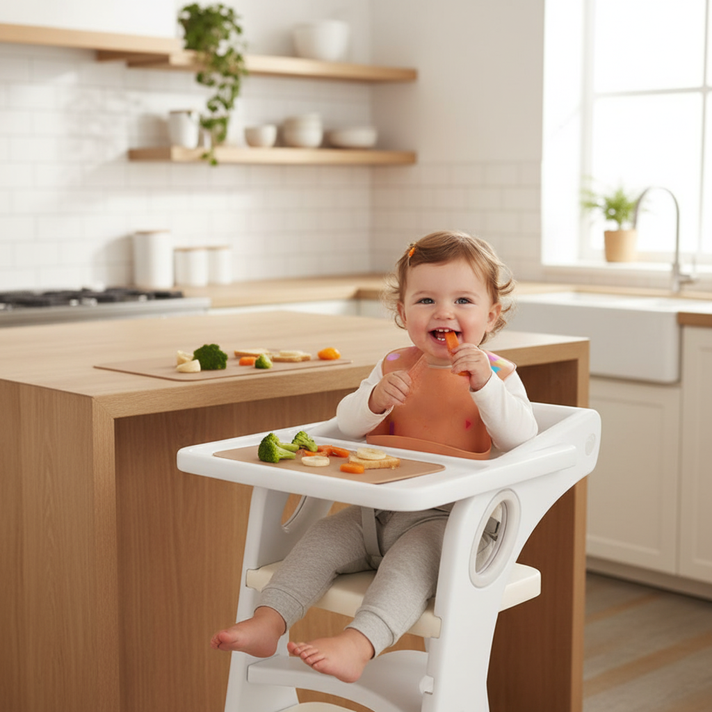 Child in a high chair eating with a tray of food in a kitchen setting