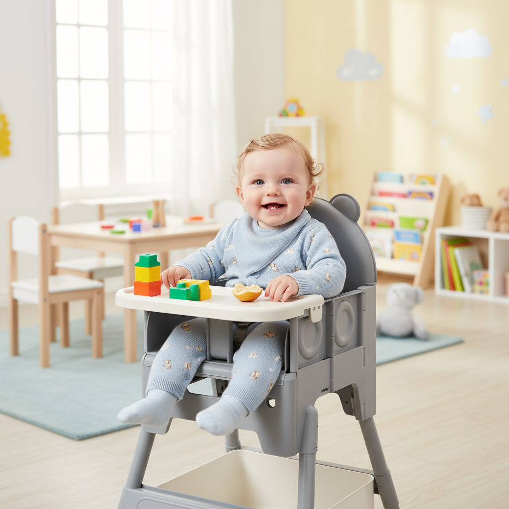 Amobi Adjustable Height High Chair & Long Bench: This portable, foldable children's dining table is a perfect two-in-one seat