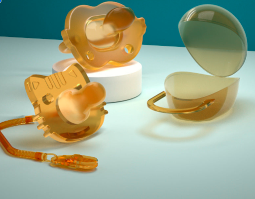 Bubbs super soft silicone pacifiers in yellow with a storage box and anti-drop chain for newborns.