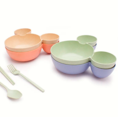 Adorable 3-Piece Cartoon Baby Bowl Set - Eco-Friendly Wheat Straw Dinnerware for Kids with Bowknot Design, Includes Plate, Spoon, and Fork