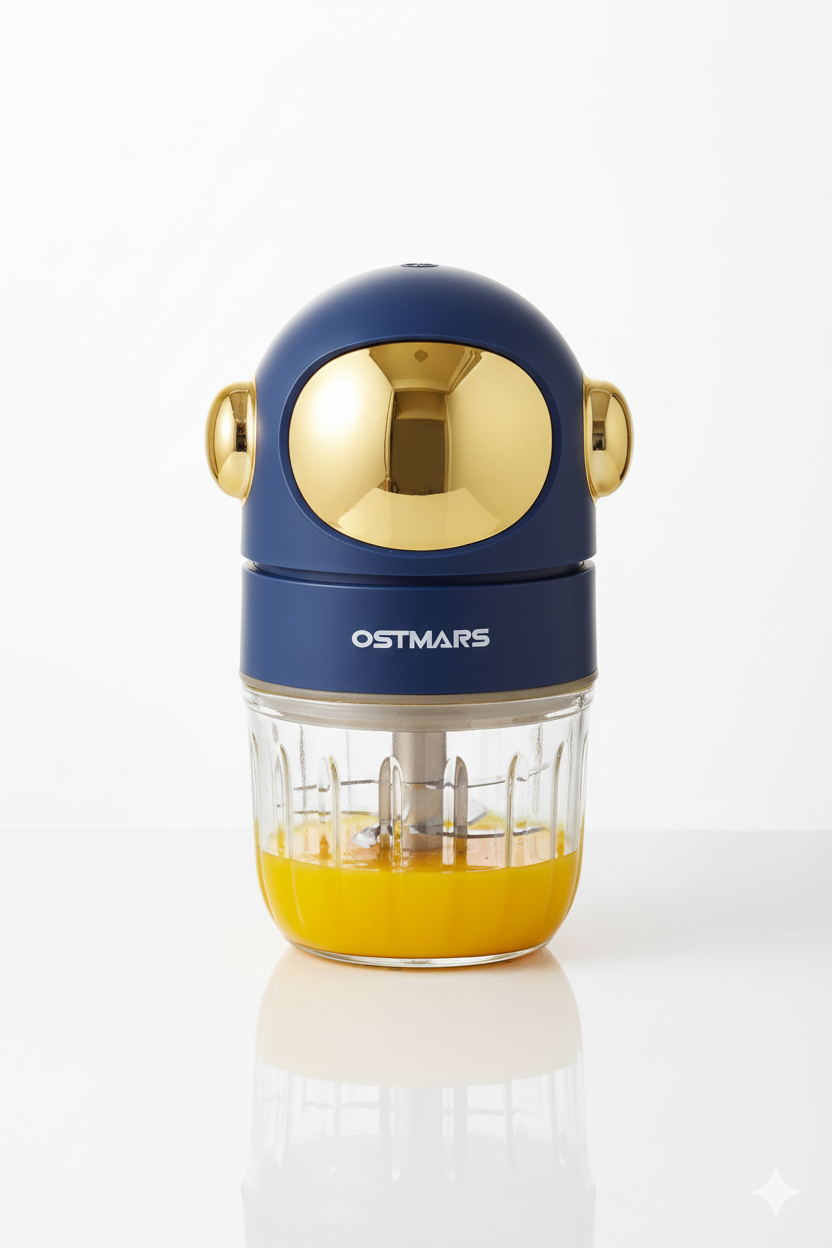 Blue and gold kitchen chopper with a clear container on a white background