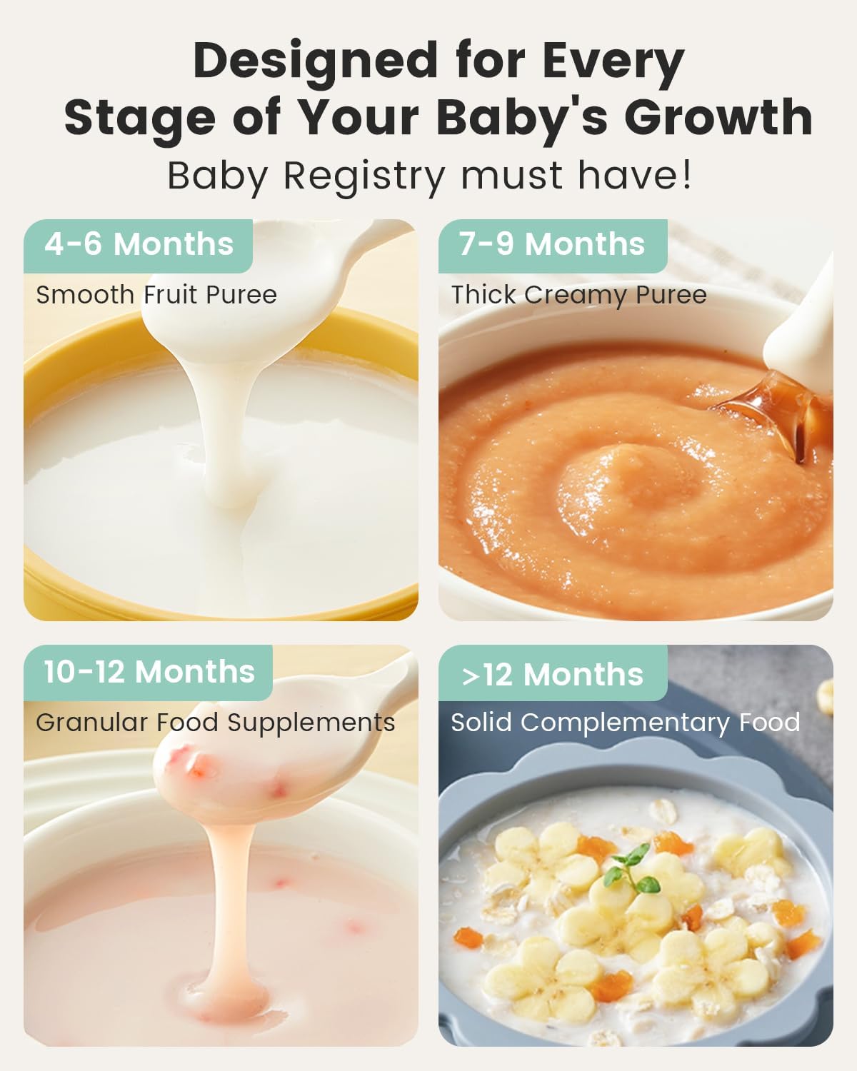 Baby food stages with purees and solid complementary food.