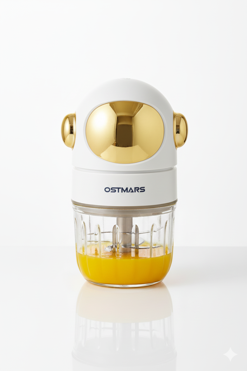 White and gold blender with a clear container filled with orange juice on a white background