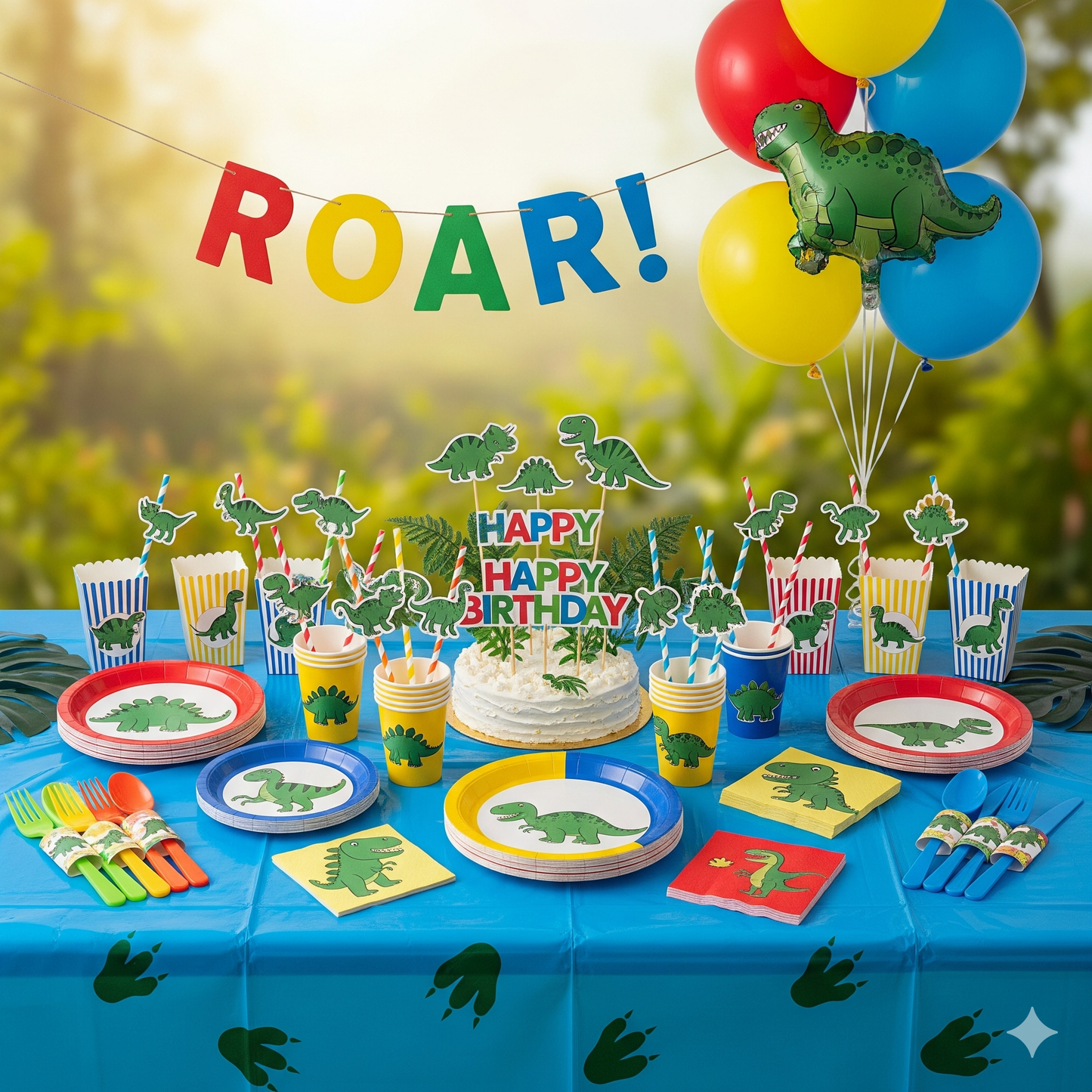 Dinosaur-Themed Birthday Party Disposable Tableware Set - Plates, Cups, Napkins & Tablecloth for Kids' Celebrations and Baby Showers