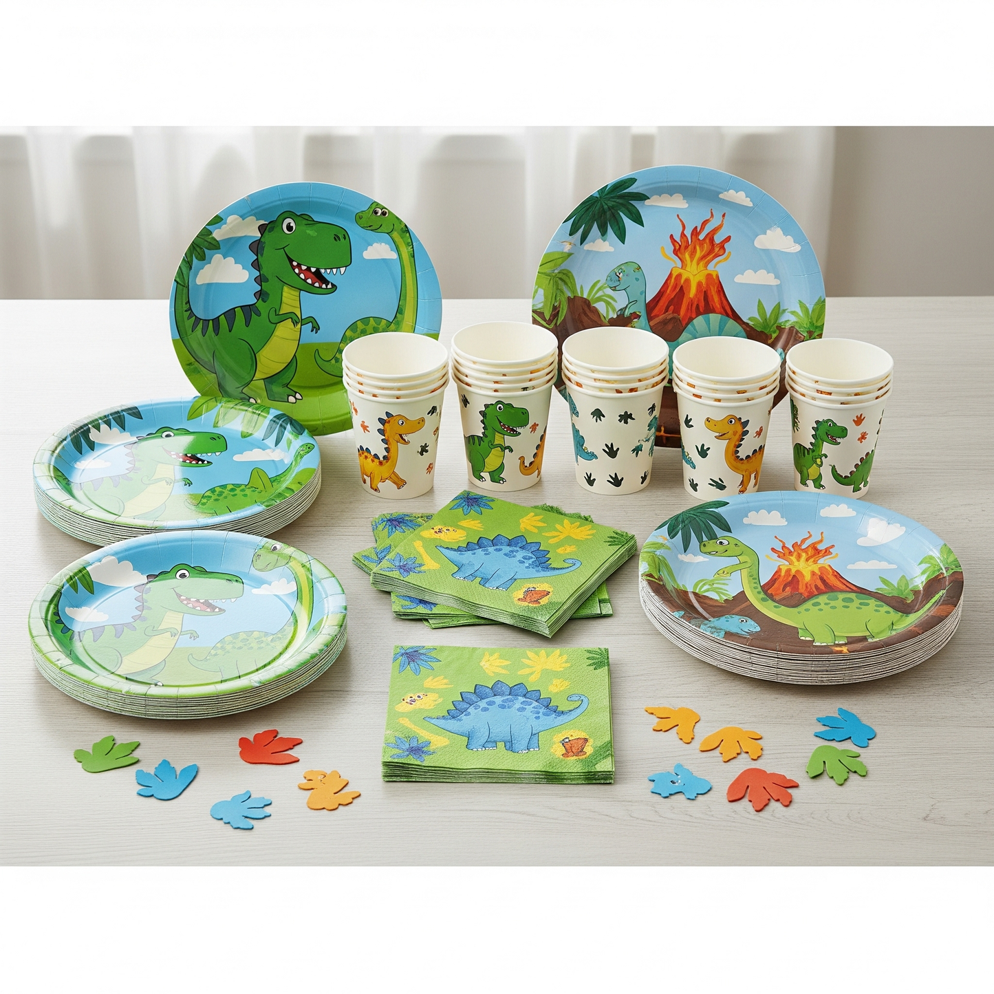 Dinosaur-Themed Birthday Party Disposable Tableware Set - Plates, Cups, Napkins & Tablecloth for Kids' Celebrations and Baby Showers
